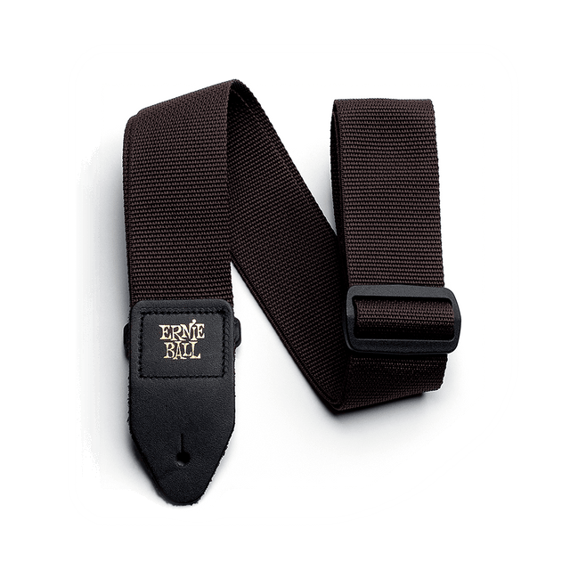 Brown guitar strap with Ernie Ball logo on a white background
