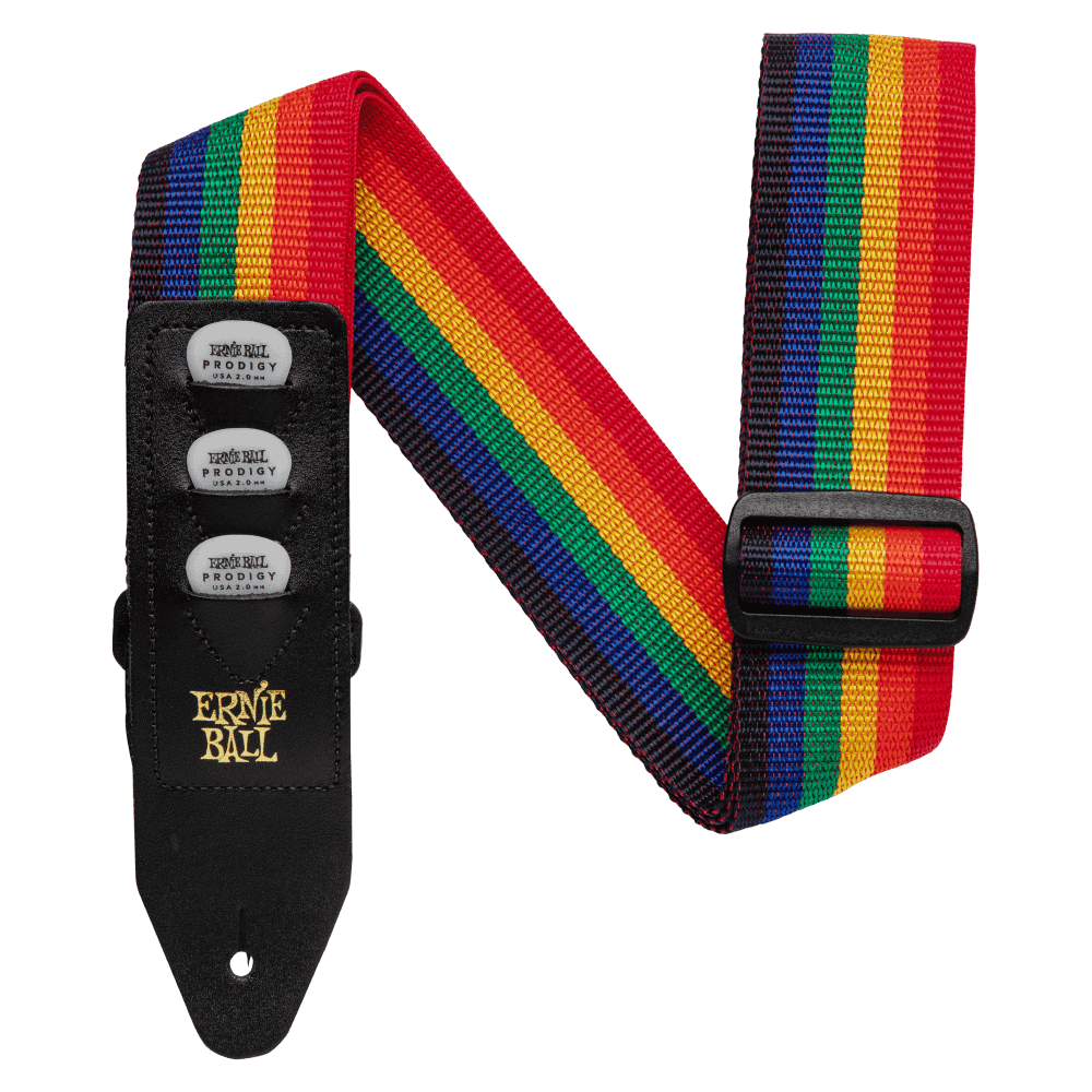 Colorful striped guitar strap with Ernie Ball branding on a white background