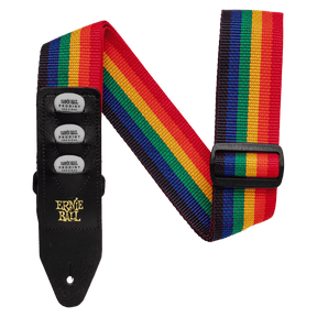 Colorful striped guitar strap with Ernie Ball branding on a white background