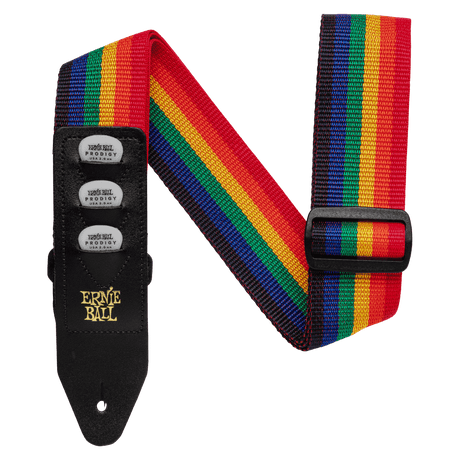 Colorful striped guitar strap with Ernie Ball branding on a white background