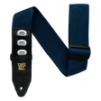 Blue guitar strap with Ernie Ball branding and three pickholders on a black background