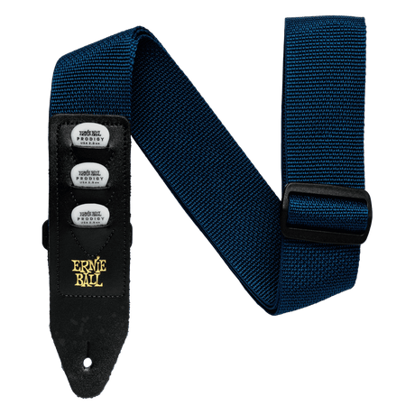 Blue guitar strap with Ernie Ball branding and three pickholders on a black background