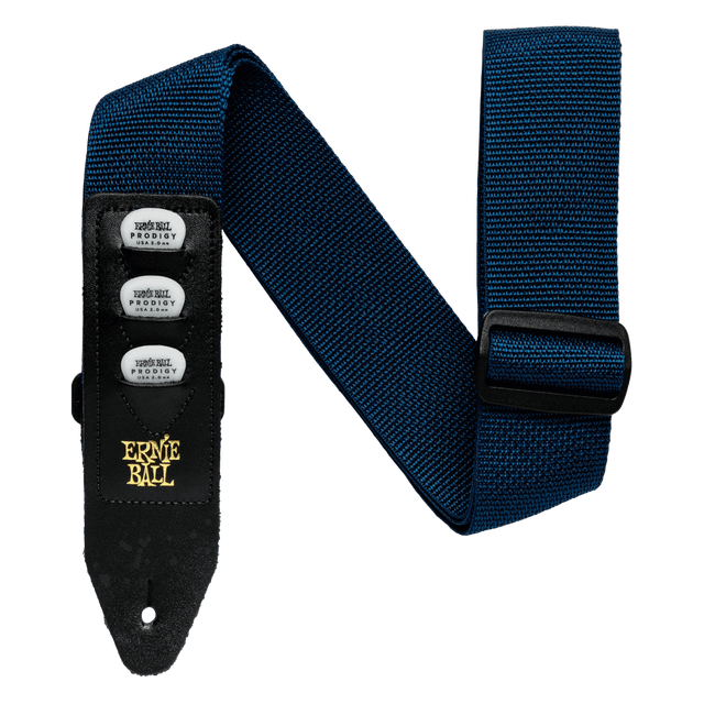 Blue guitar strap with Ernie Ball branding and three pickholders on a black background
