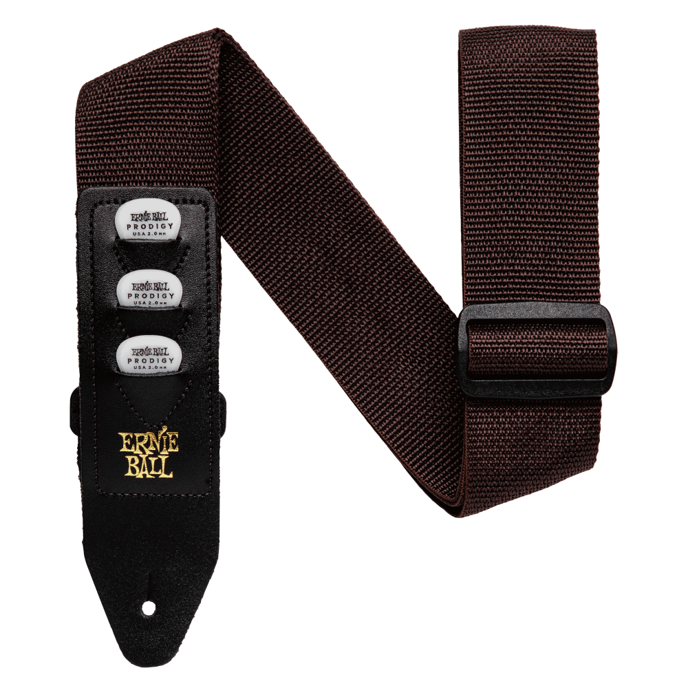 Brown guitar strap with Ernie Ball branding on a black background