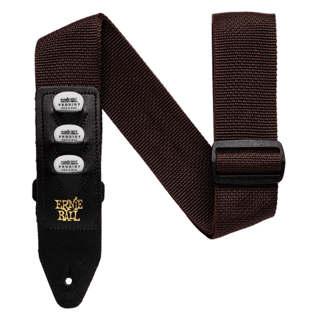 Brown guitar strap with Ernie Ball branding on a black background