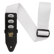 White guitar strap with black Ernie Ball strap tab on a white background