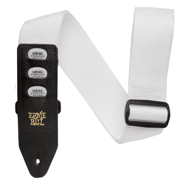 White guitar strap with black Ernie Ball strap tab on a white background