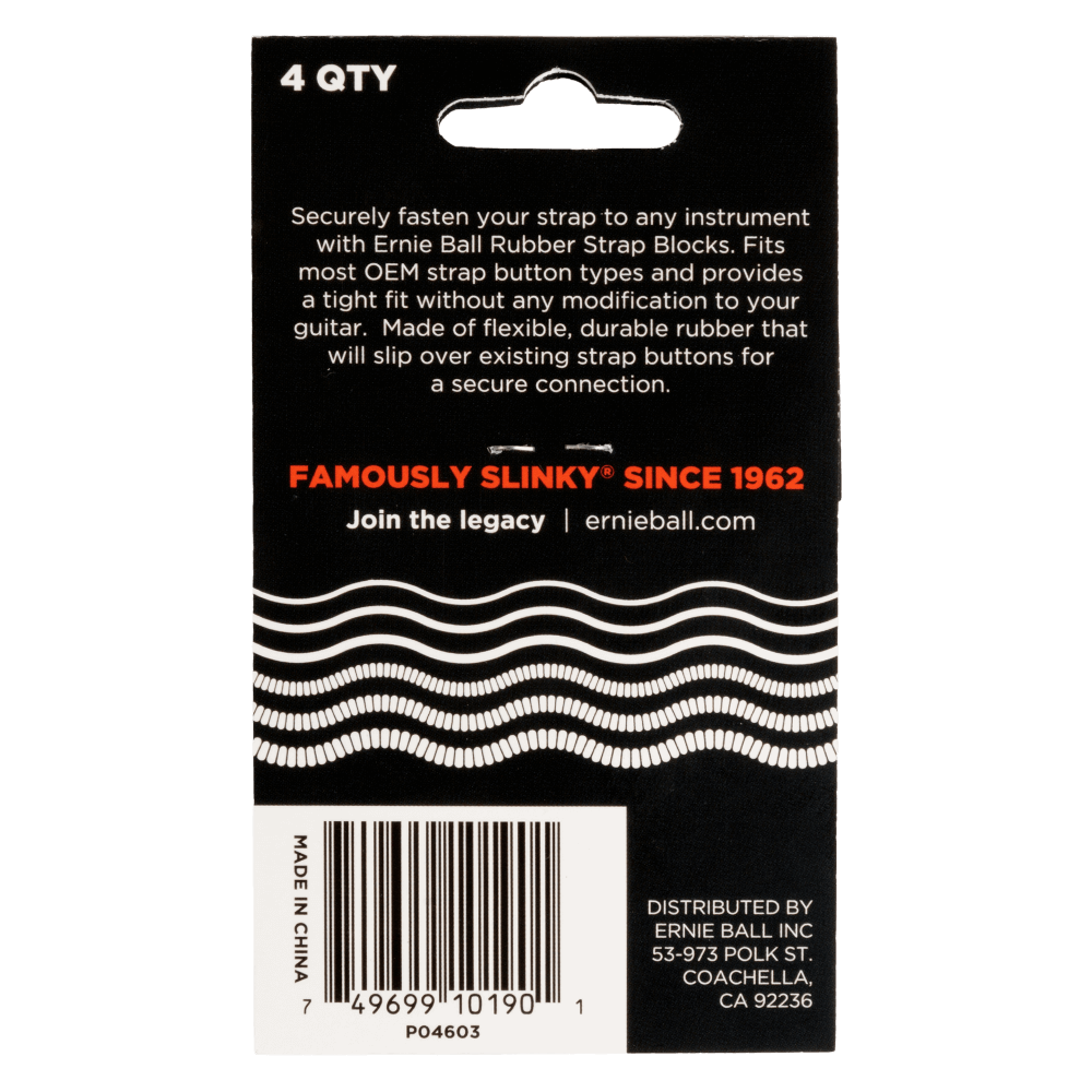 Ernie Ball guitar strap block packaging with product details and branding.
