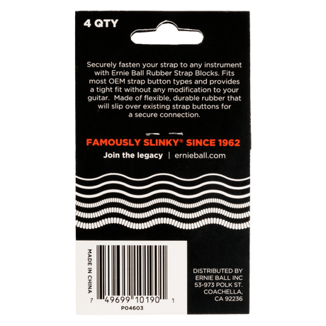 Ernie Ball guitar strap block packaging with product details and branding.