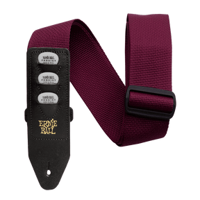 Burgundy guitar strap with black strap adjuster and Ernie Ball logo on a white background