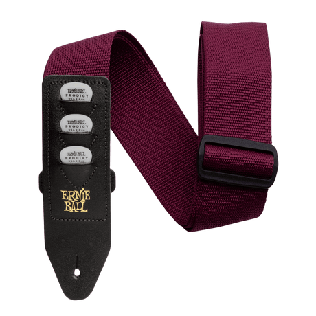 Burgundy guitar strap with black strap adjuster and Ernie Ball logo on a white background