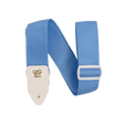 Blue guitar strap with a white buckle and Ernie Ball branding on a white background