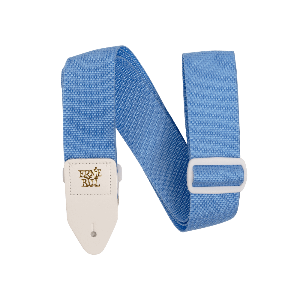 Blue guitar strap with a white buckle and Ernie Ball branding on a white background