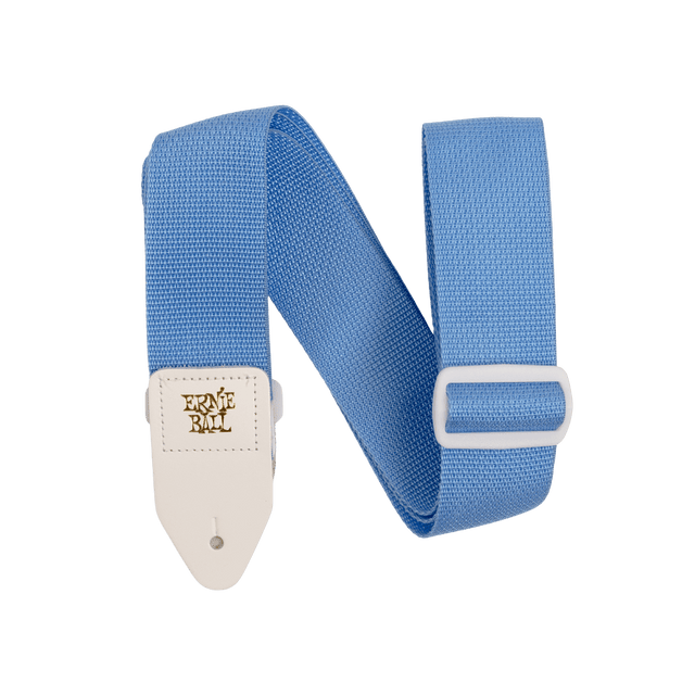 Blue guitar strap with a white buckle and Ernie Ball branding on a white background