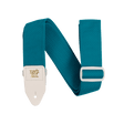 A teal guitar strap with white tabs that are branded Ernie Ball