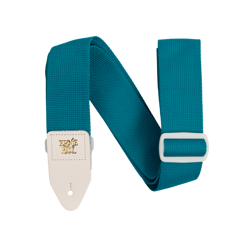 A teal guitar strap with white tabs that are branded Ernie Ball