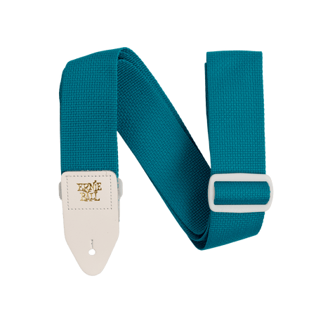 A teal guitar strap with white tabs that are branded Ernie Ball