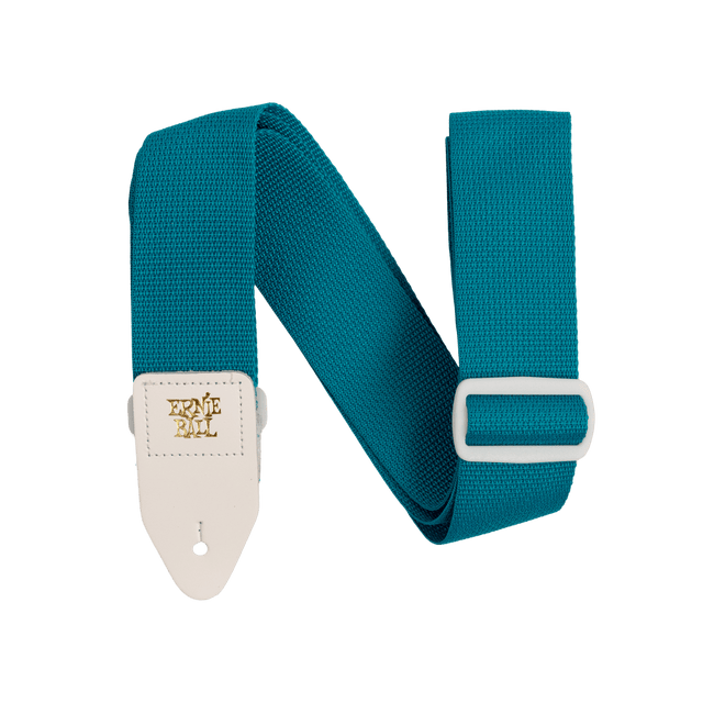 A teal guitar strap with white tabs that are branded Ernie Ball