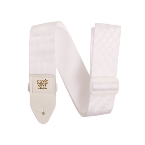 White guitar strap with Ernie Ball logo on a white background