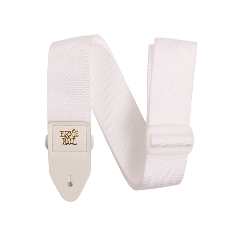 White guitar strap with Ernie Ball logo on a white background