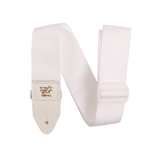 White guitar strap with Ernie Ball logo on a white background