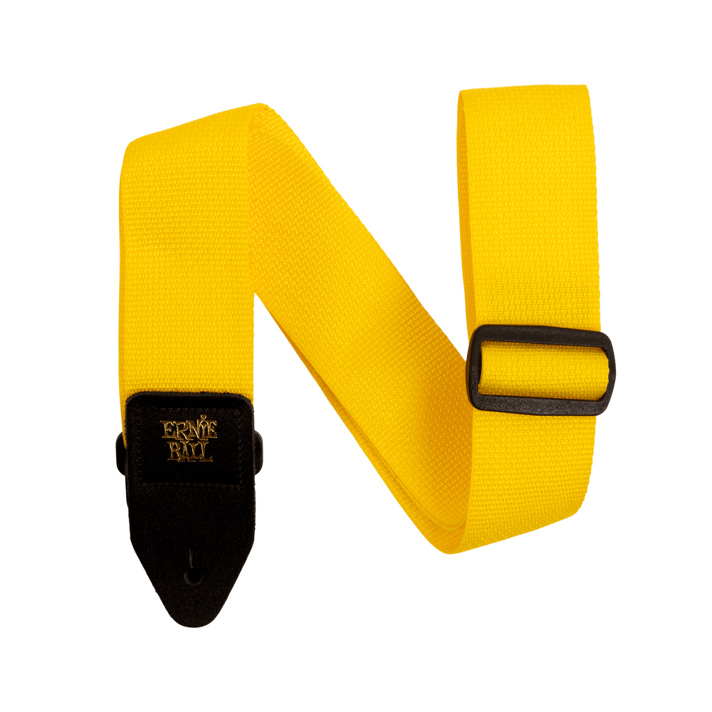 Yellow guitar strap with Ernie Ball branding on a white background