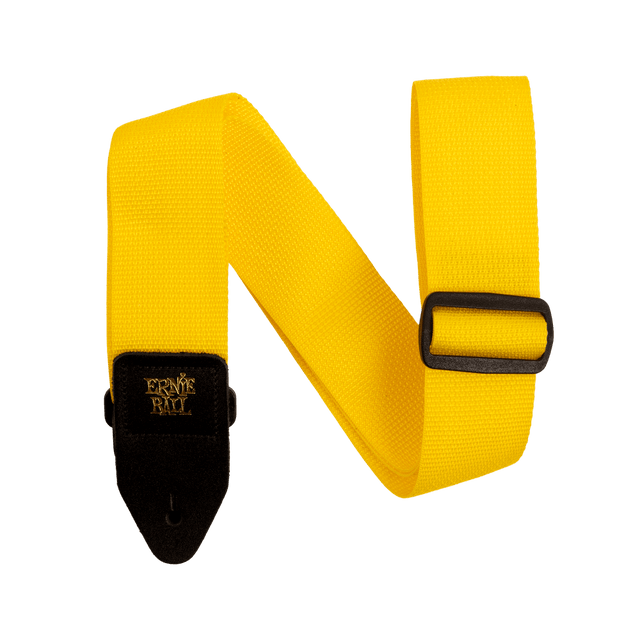 Yellow guitar strap with Ernie Ball branding on a white background