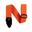 Orange guitar strap with black buckle  and gold Ernie Ball logo on white background