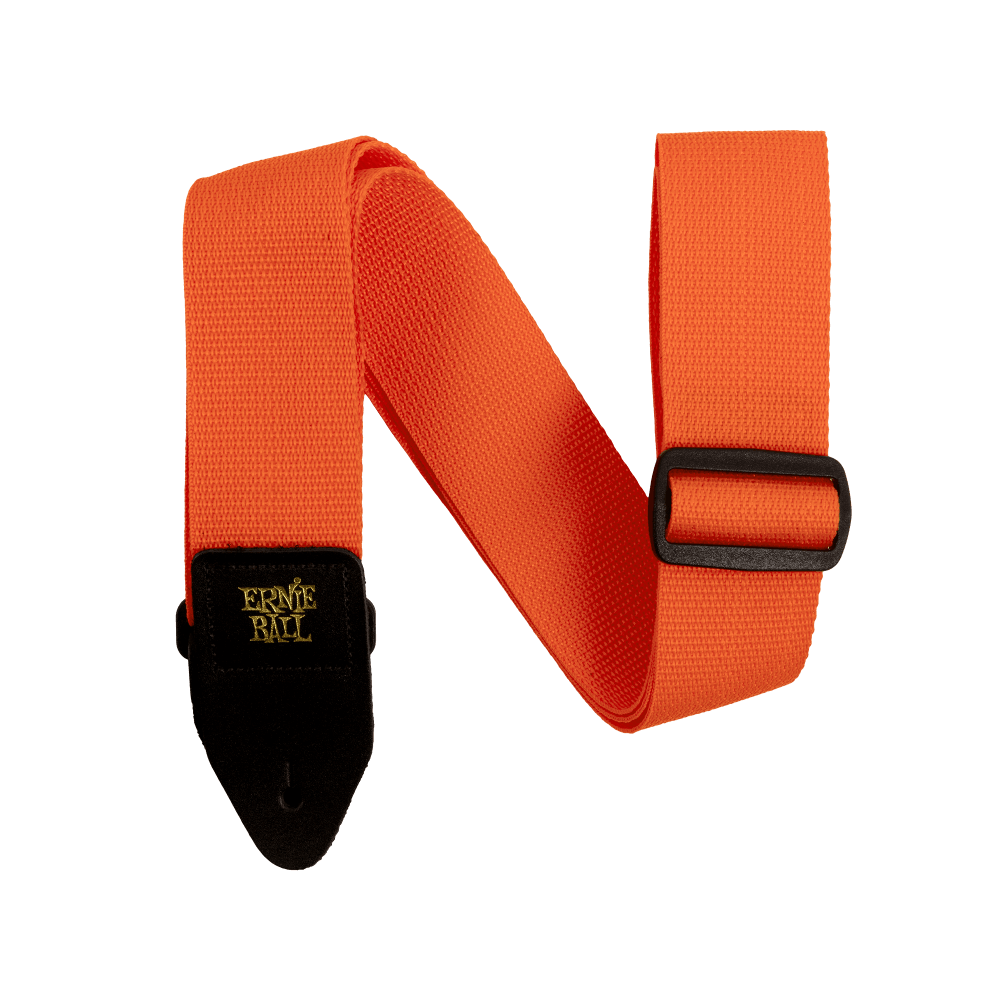 Orange guitar strap with black buckle  and gold Ernie Ball logo on white background
