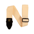 Beige guitar strap with black hardware on a white background