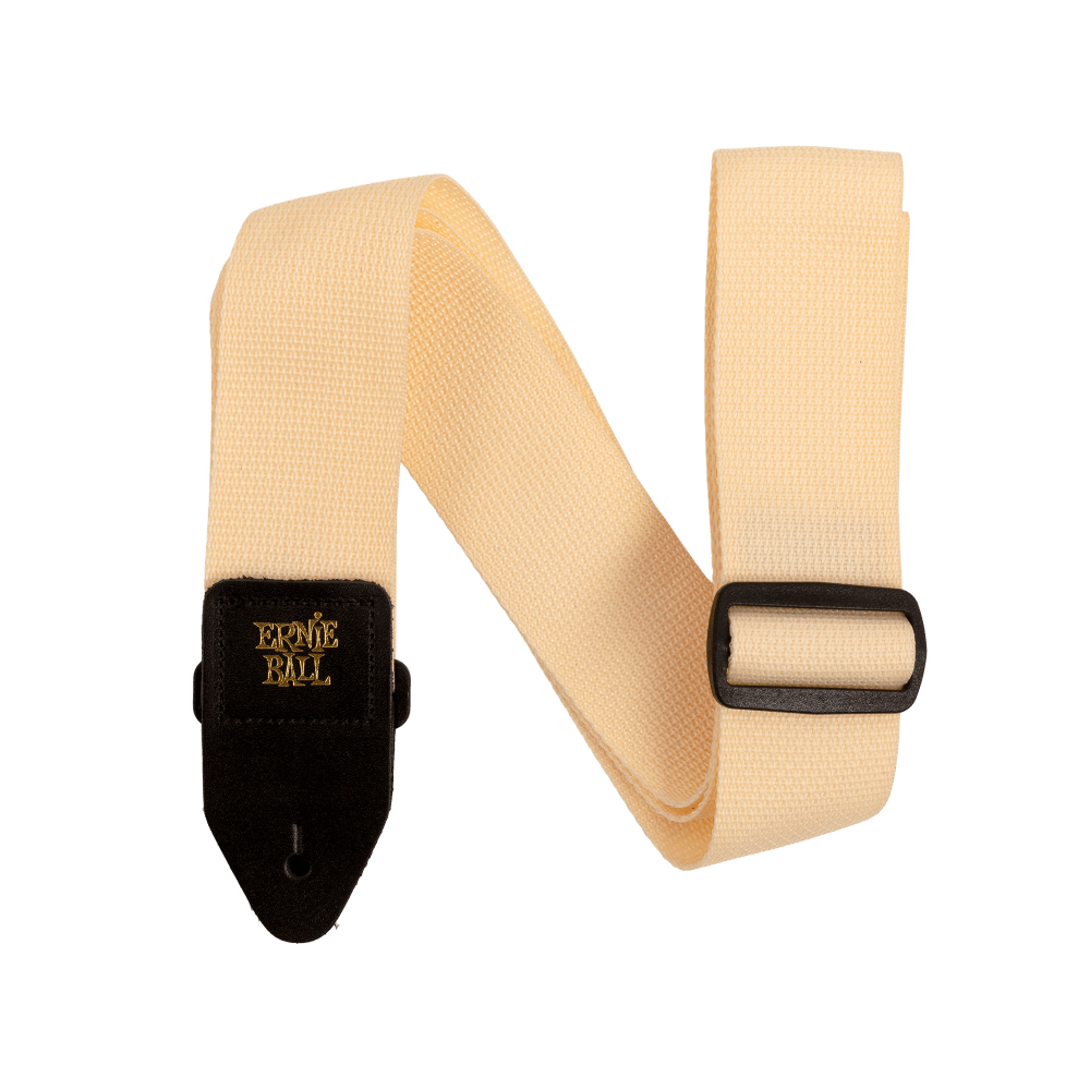 Beige guitar strap with black hardware on a white background