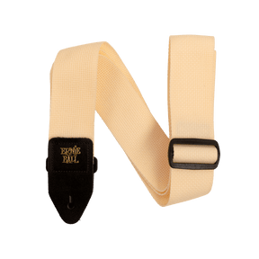 Beige guitar strap with black hardware on a white background
