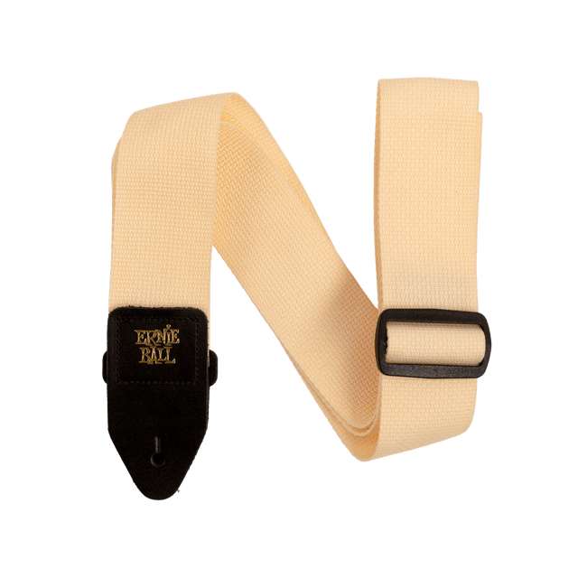 Beige guitar strap with black hardware on a white background