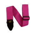 Pink guitar strap with a black buckle and gold Ernie Ball logo on a white background