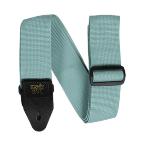 Teal guitar strap with Ernie Ball logo on a black background