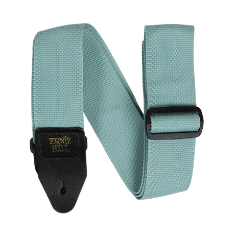 Teal guitar strap with Ernie Ball logo on a black background