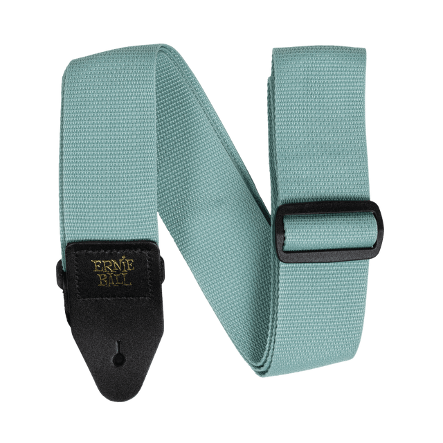 Teal guitar strap with Ernie Ball logo on a black background