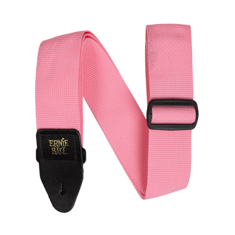 Pink guitar strap with black buckle and gold Ernie Ball logo on a white background