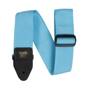 Blue guitar strap with black buckle and Ernie Ball logo on a white background