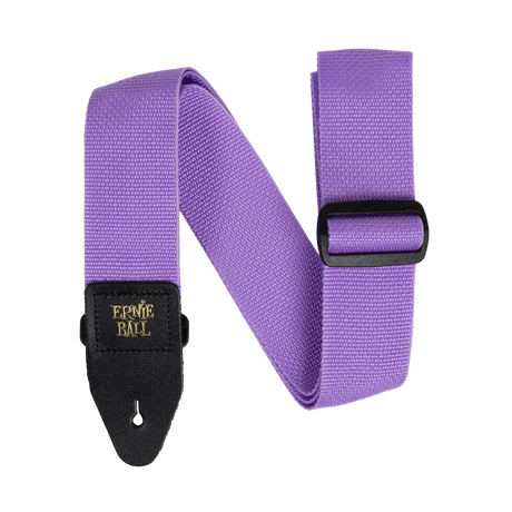 Purple guitar strap with black Ernie Ball logo on a black background