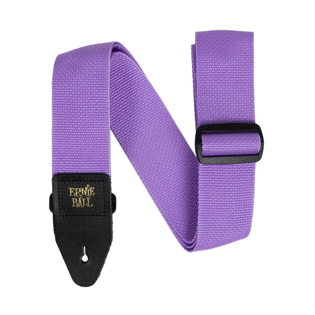 Purple guitar strap with black Ernie Ball logo on a black background