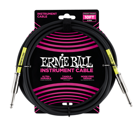 Ernie Ball instrument cable with packaging on a black background