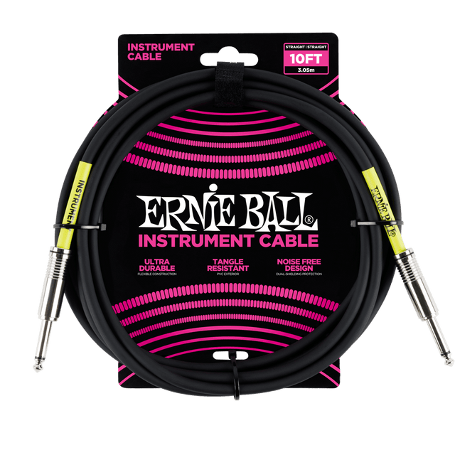 Ernie Ball instrument cable with packaging on a black background