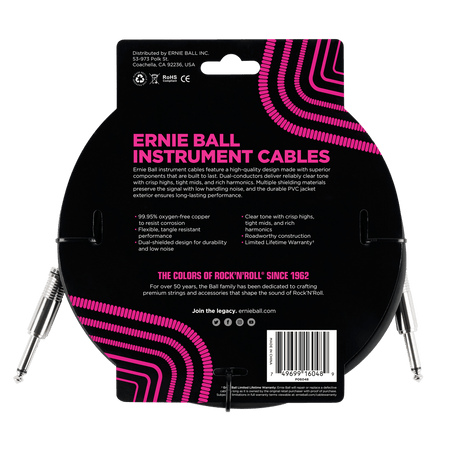 Ernie Ball instrument cable packaging with pink and white design on a black background