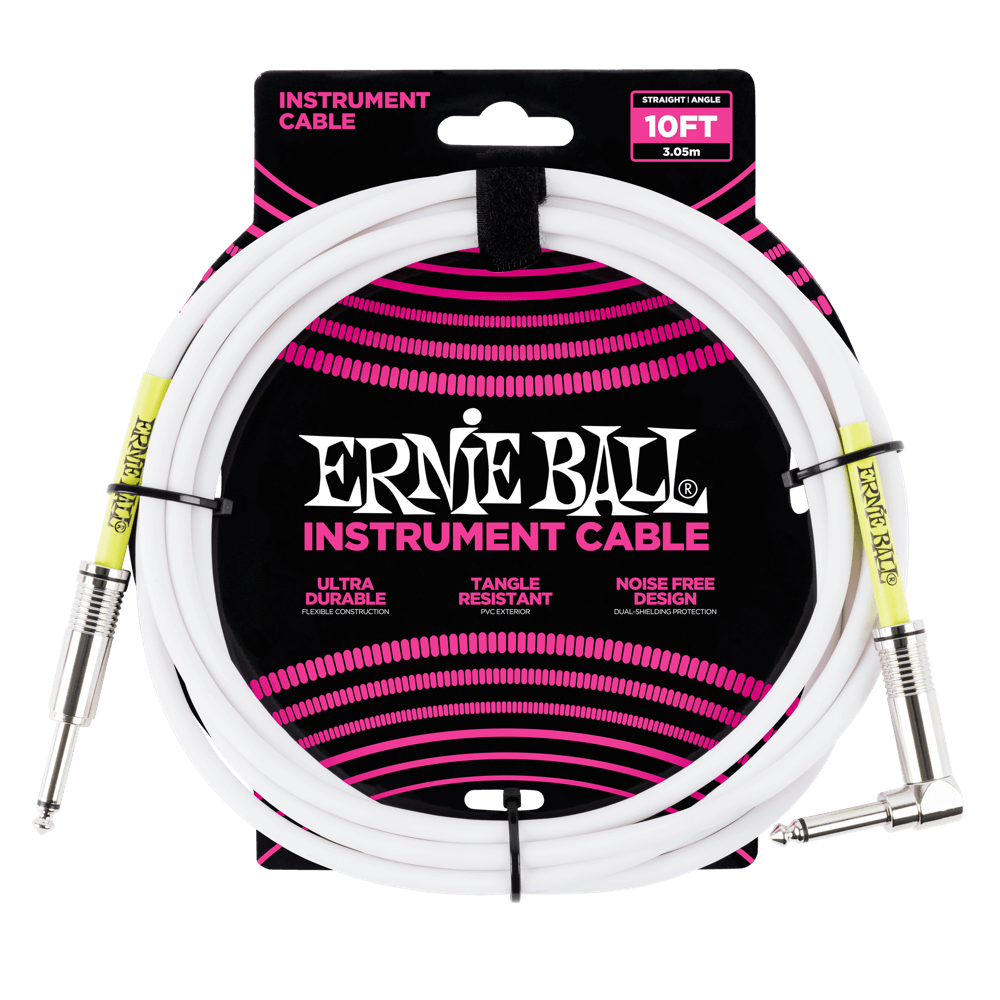Ernie Ball instrument cable with packaging on a black background