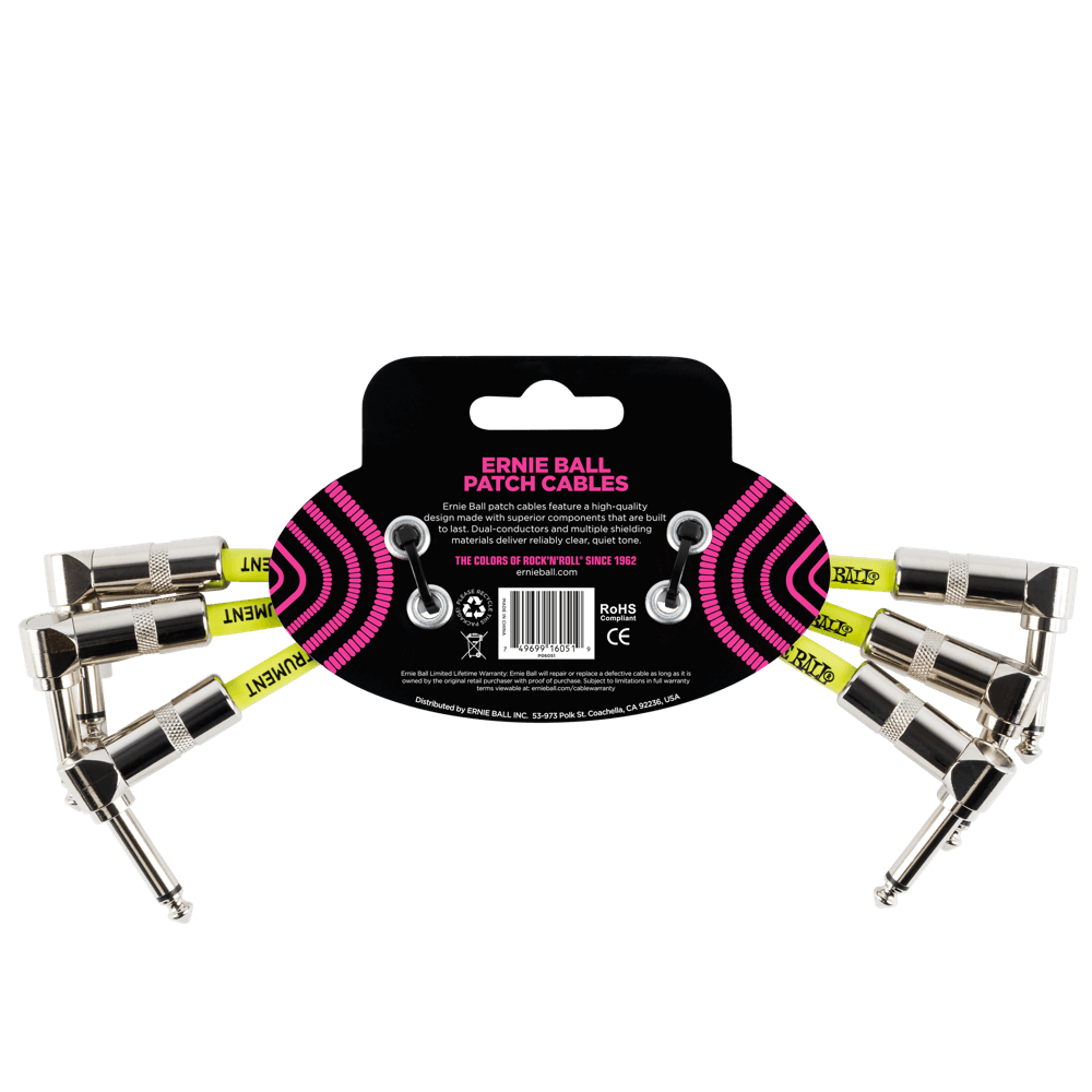 Ernie Ball patch cables with packaging on a black background