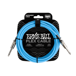 Ernie Ball flex cable packaging with blue cable and black label on a white background