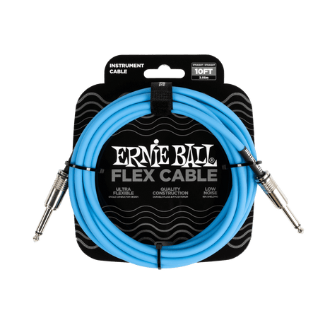 Ernie Ball flex cable packaging with blue cable and black label on a white background