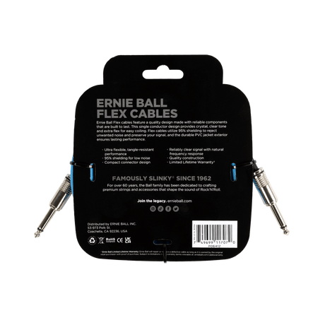 Ernie Ball flex cable packaging with product details on a black background