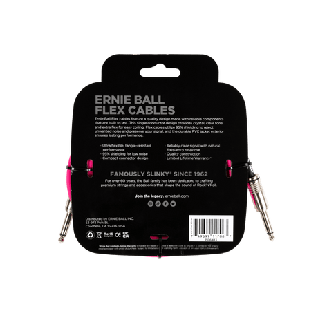Ernie Ball flex cable packaging with branding and product details on a black background